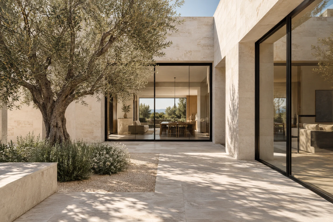 Illustrative limestone courtyard with an olive tree